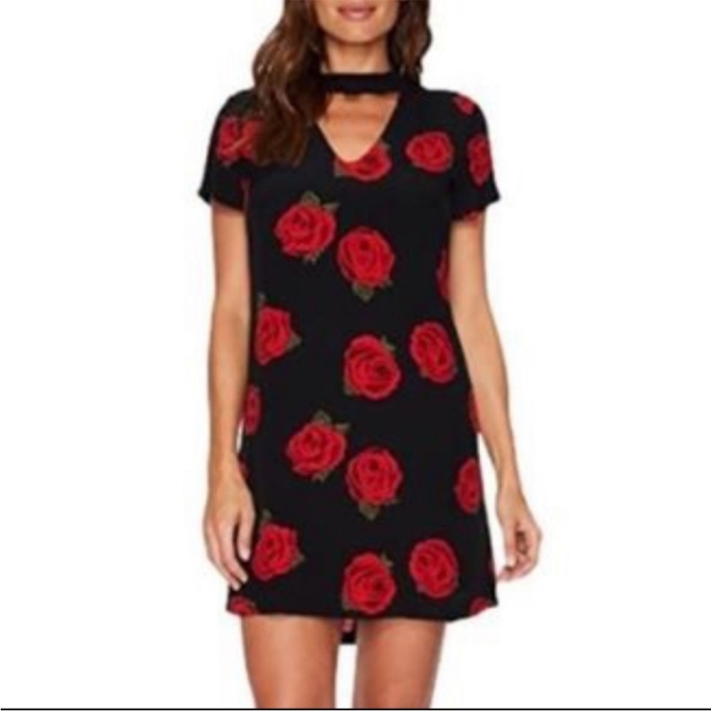 Sanctuary Madeline Choker V-Neck Black Mini Dress Rose Print Size S